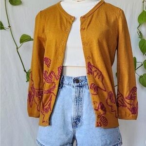 Anthropologie Women's Multi Cardigan - Mustard Cardigan with Pink Stitch Design